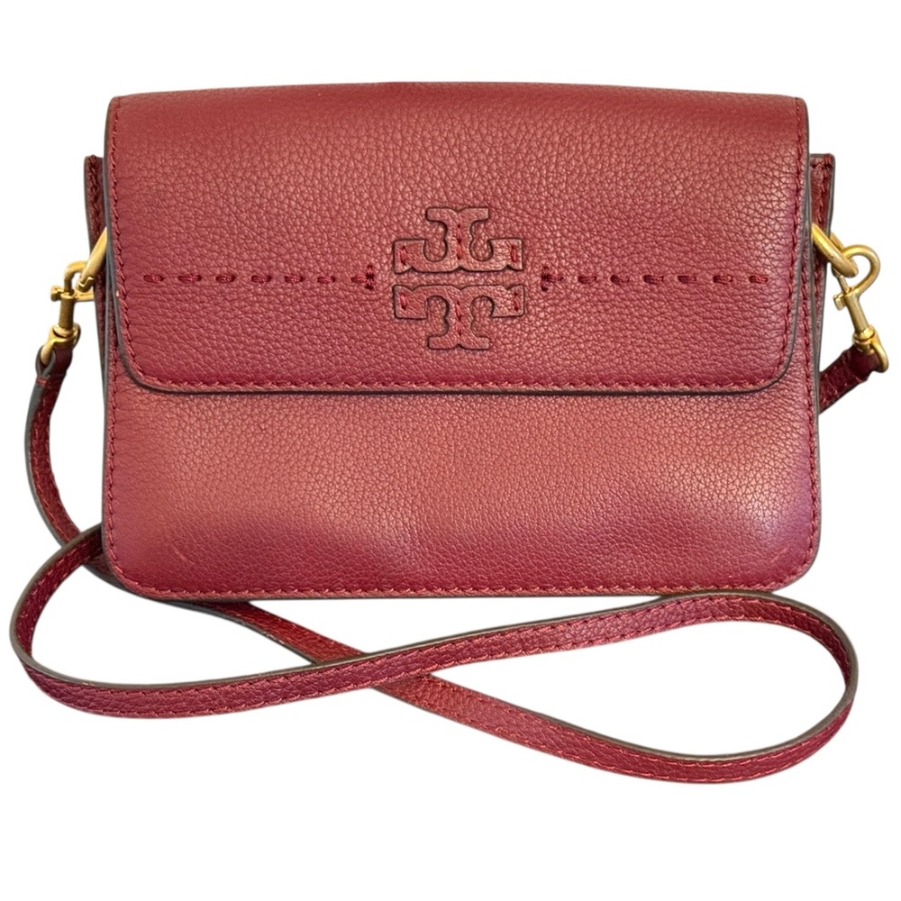TORY BURCH McGraw Leather Burgundy Crossbody Bag Detachable Strap / Clutch